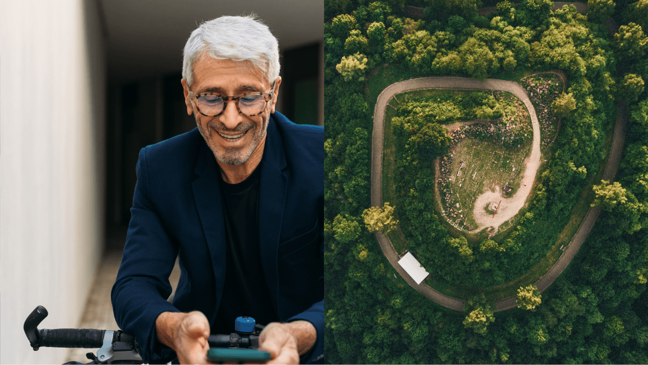 Zwei Fotos: links der Standard, ein Männerporträt auf Augenhöhe fotografiert, rechts die Ausnahme, ein Landschaftsdetail aus der Vogelperspektive.