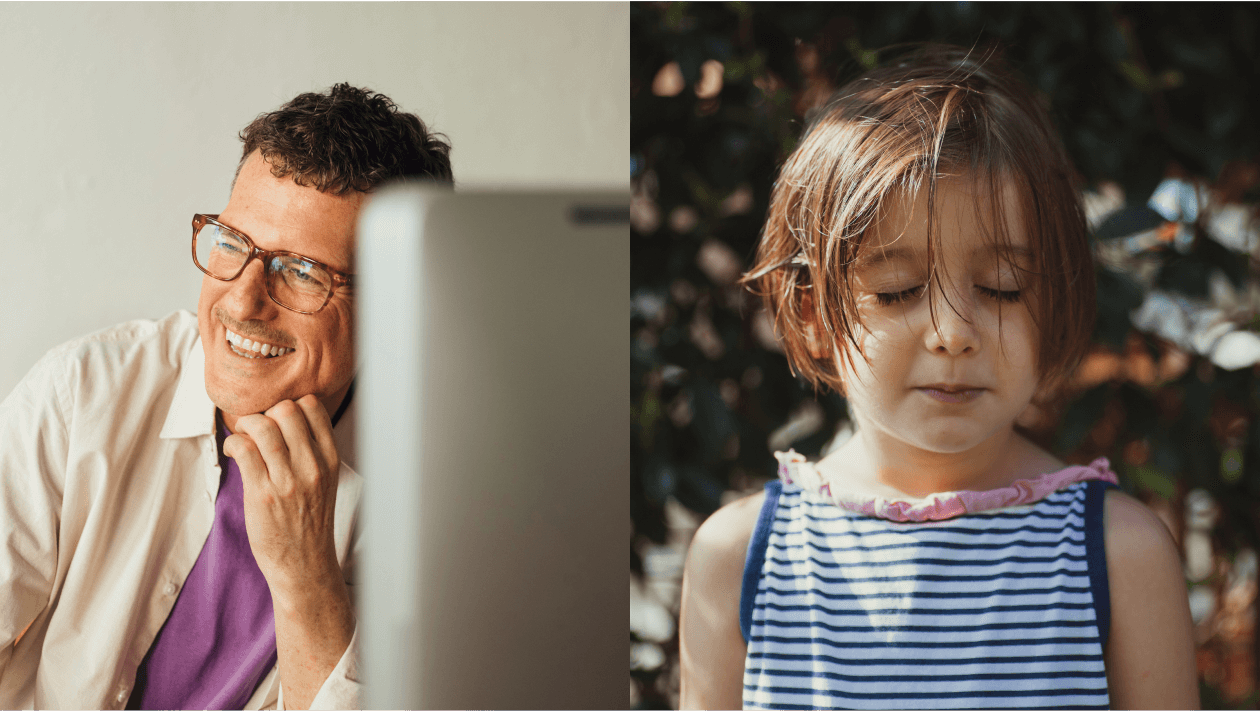 Zwei Fotos. Links ein lachender Mann hinter einem PC-Monitor. rechts ein kleines Mädchen mit geschlossenen Augen.