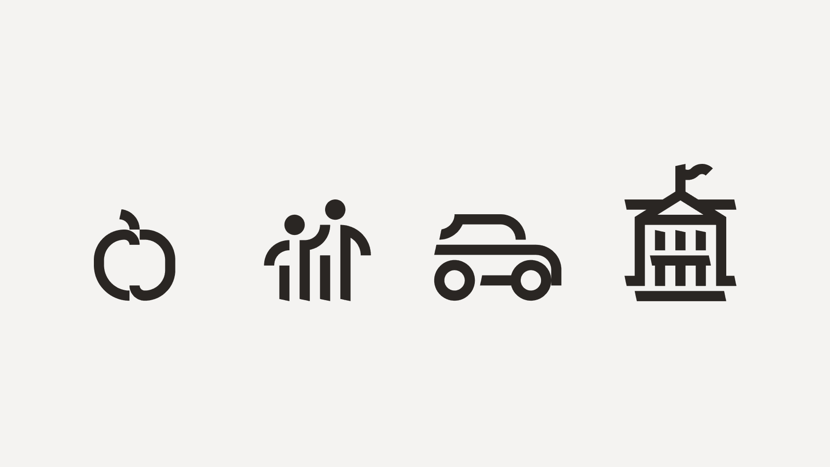 Vier etwa gleich große Icons: ein Apfel, ein Personenpaar, ein Auto und ein klassizistisches Gebäude.