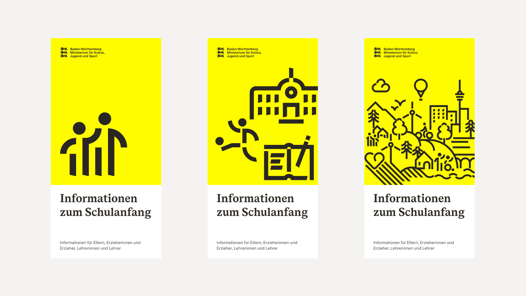 Drei Plakate mit von links nach rechts zunehmender Komplexität beim Einsatz der Icons.