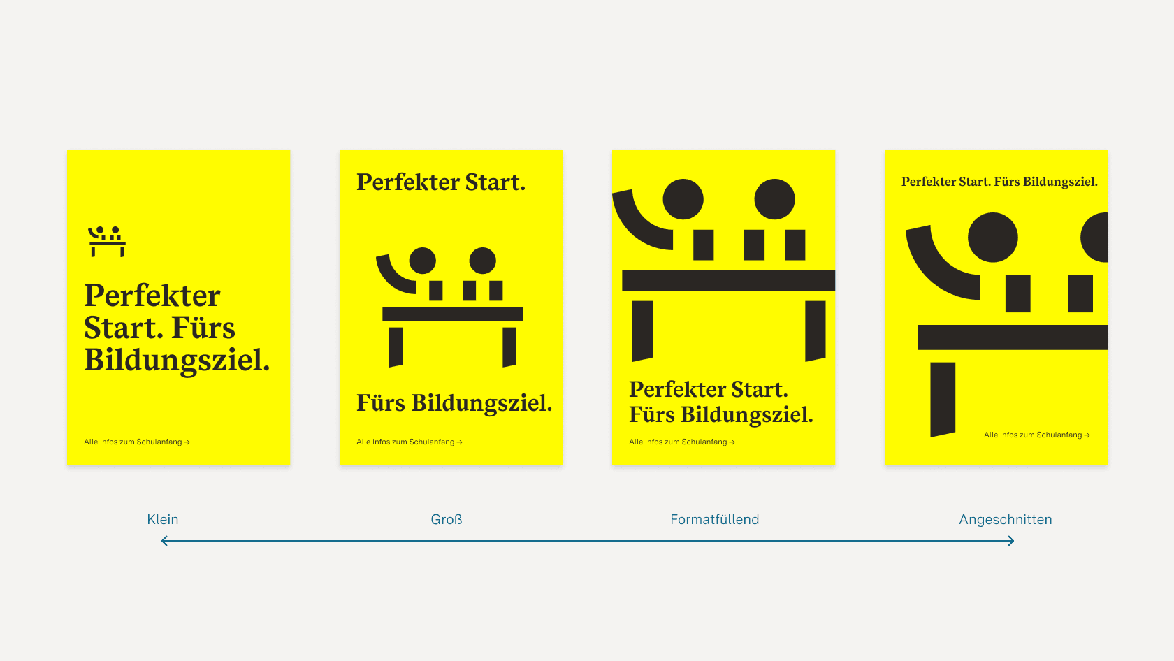 Vier Plakate. Links mit kleinem Icon, rechts davon mit großem Icon, rechts davon mit formatfüllendem Icon und schließlich mit angeschnittenem Icon.