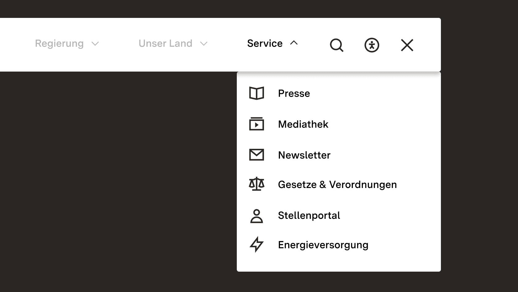 Dropdown-Menü mit exemplarischen Icons plus Beschriftung, etwa ein Briefumschlag für den Newsletter.