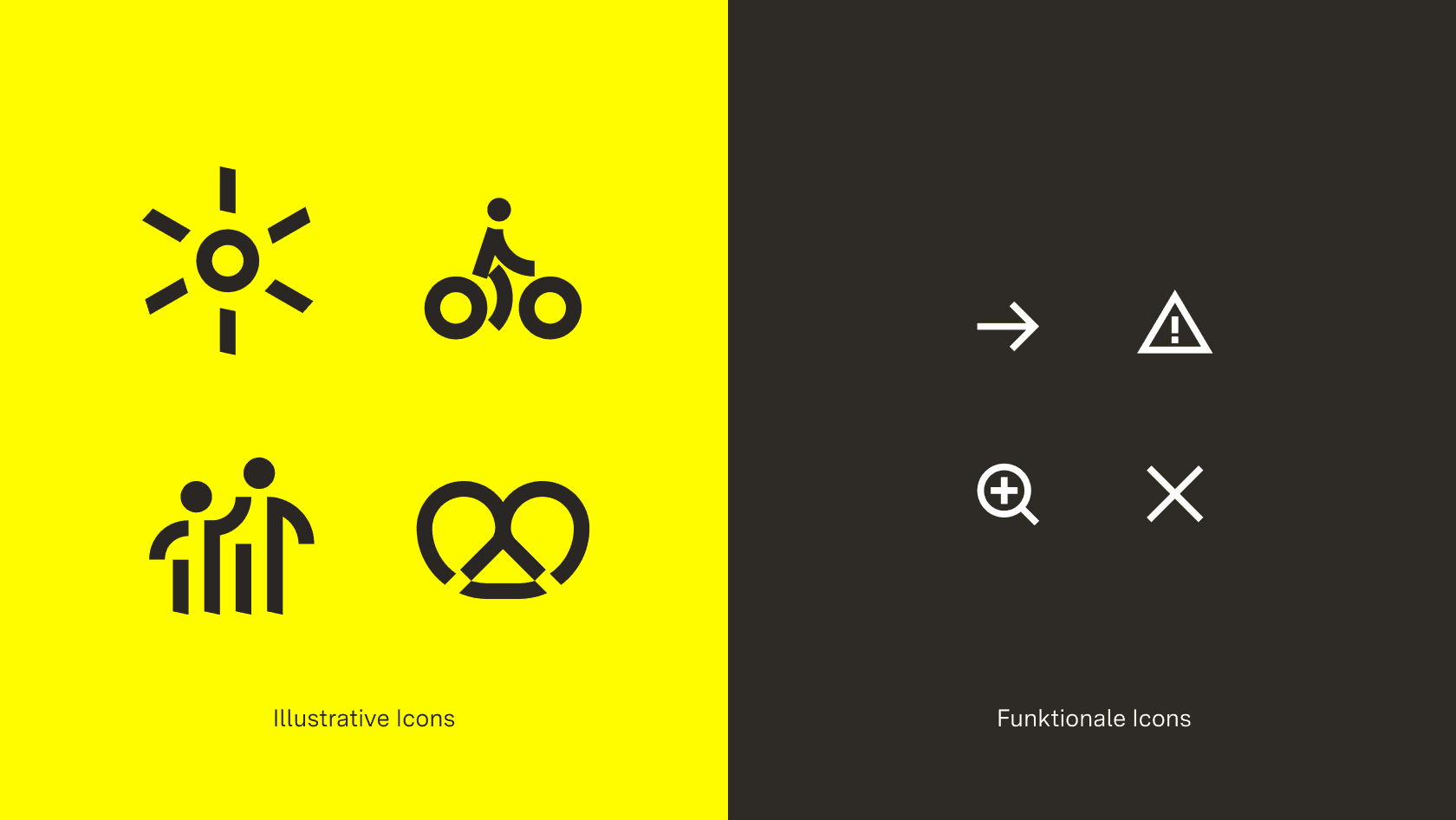 Vier illustrative Icon: eine Sonne, ein Radfahrender, ein Personenpaar und eine Brezel. Dazu vier funktionale Icons: ein Rechtspfeil, ein Vorsichtschild, eine Lupe und ein Kreuz.