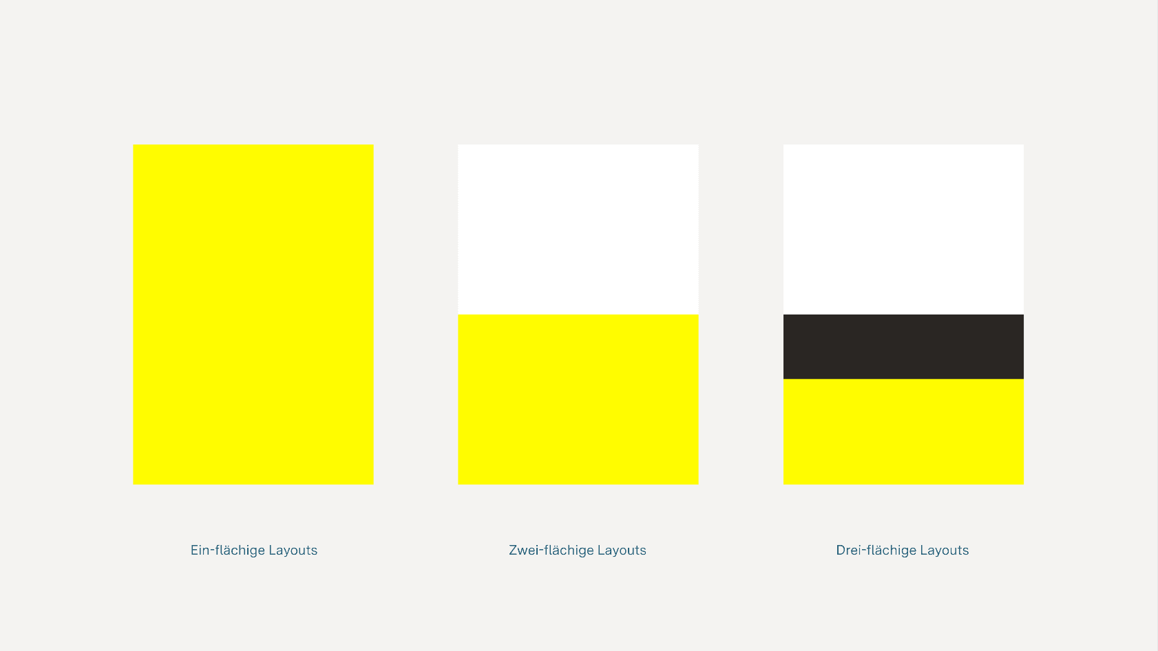 Drei Layouts: eines einflächig in Gelb, eines zweiflächig in Gelb und Weiß sowie ein dreiflächiges in Gelb, Weiß und Schwarz.