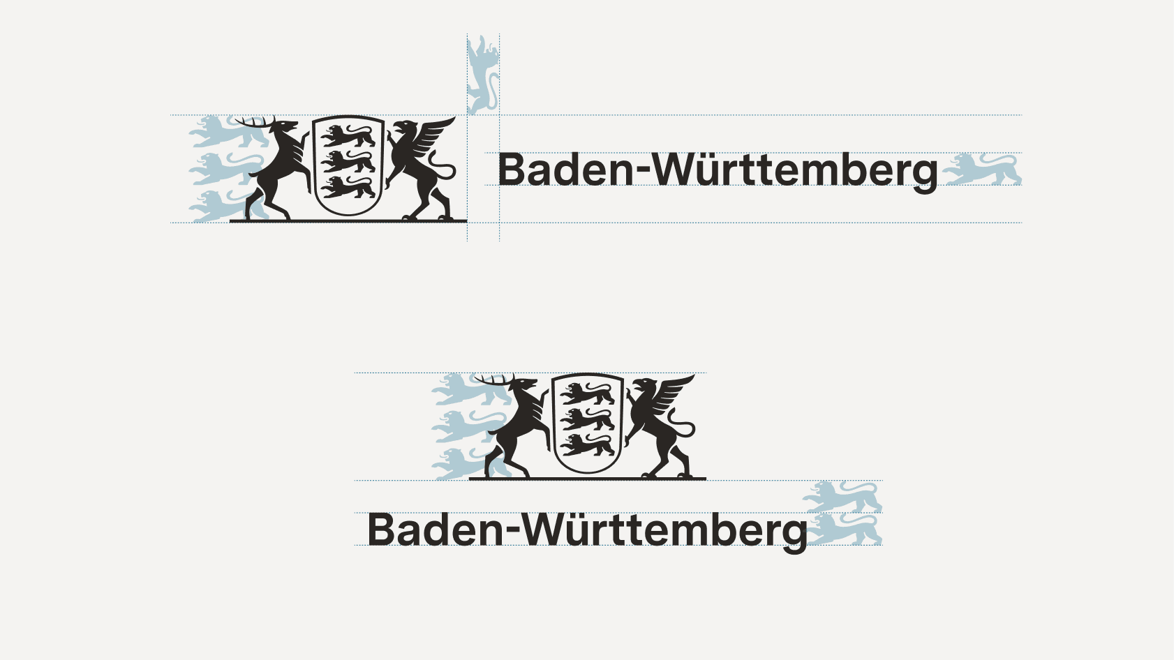 Grafische Darstellung der Größenverhältnisse und Abstände innerhalb des Logos mit Wortmarke, einmal horizontal, einmal vertikal angeordnet.