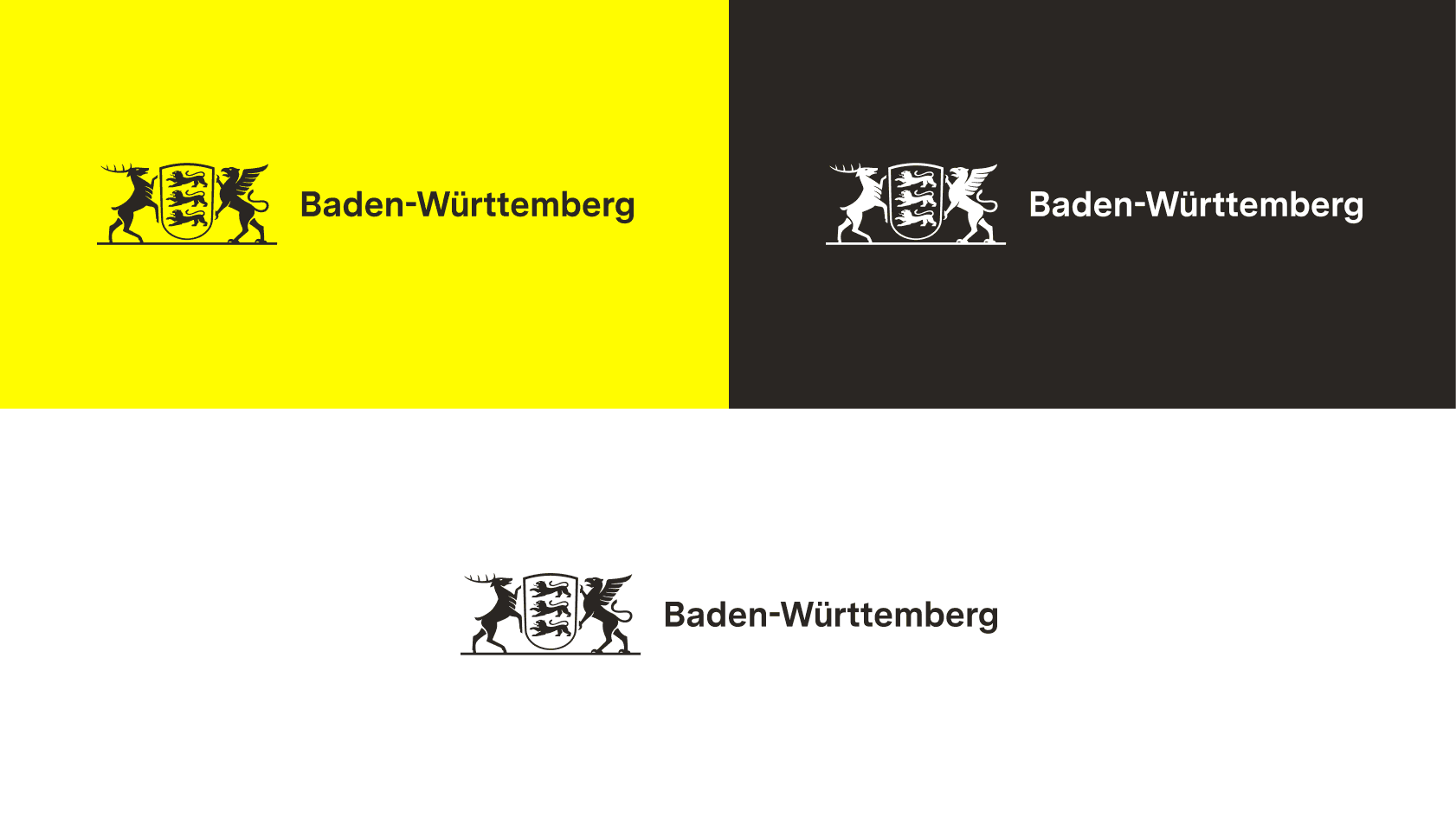 Extended Logo in Schwarz vor gelbem Hintergrund, in Weiß vor schwarzem Hintergrund und in Schwarz vor weißem Hintergrund.