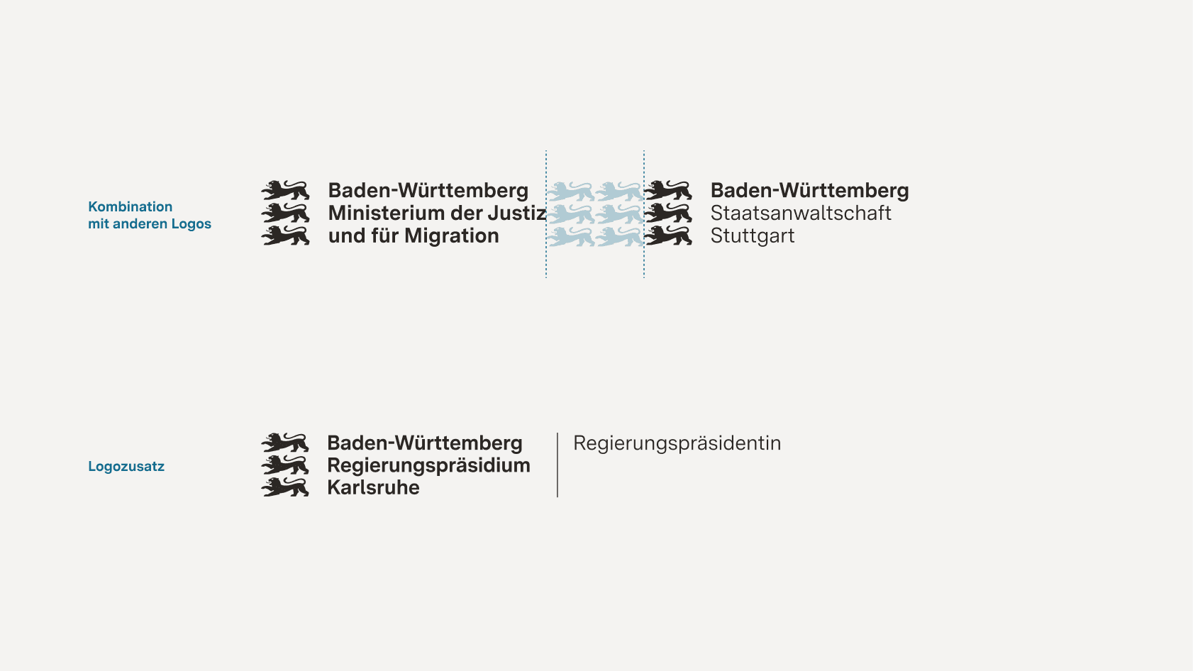 Der Abstand zwischen zwei nebeneinander platzierten Logos von Landesinstitutionen mit Wortmarke und Namensnennung beträgt zweimal die Breite des Standard Logos ohne Wortmarke, also der drei Löwen. Zusätzliche Beschriftungen untergeordneter Abteilungen stehen rechts der Wortmarke und sind mit einem vertikalen Trennstrich von ihr getrennt.