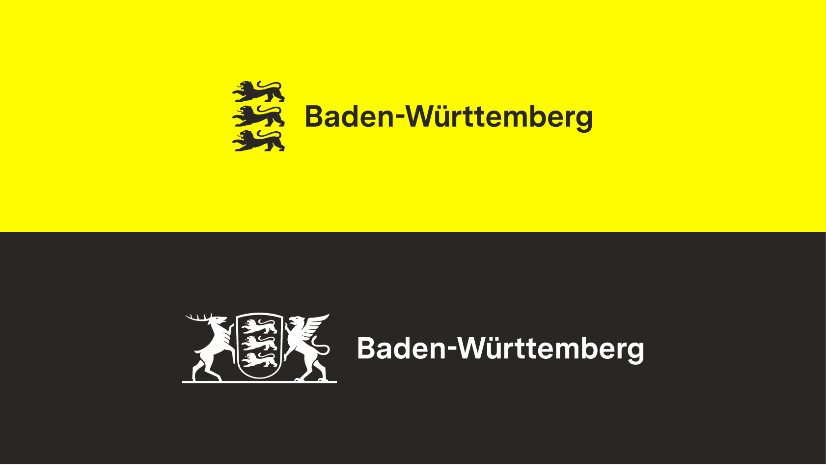 Das Standard Logo in Schwarz vor gelbem Hintergrund sowie das Extended Logo in Weiß vor dunklem Hintergrund.