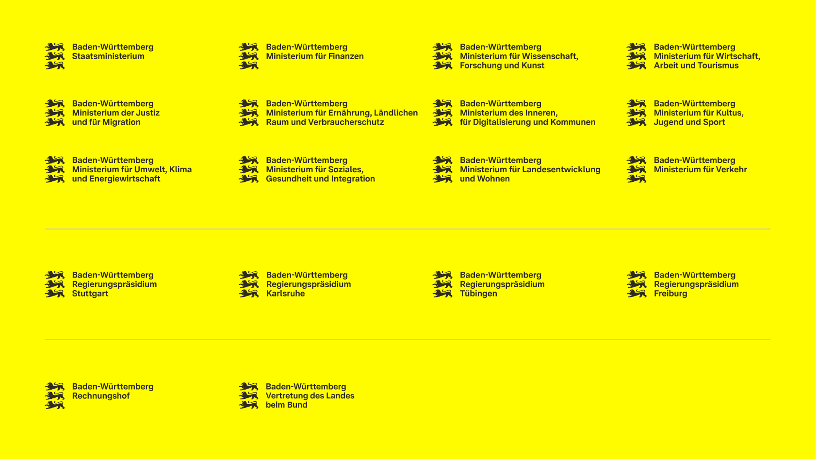 Zwölf Standard Logos für zwölf Ministerien, vier Standard Logos für die vier Regierungspräsidien und ein Standard Logo für den Rechnungshof.