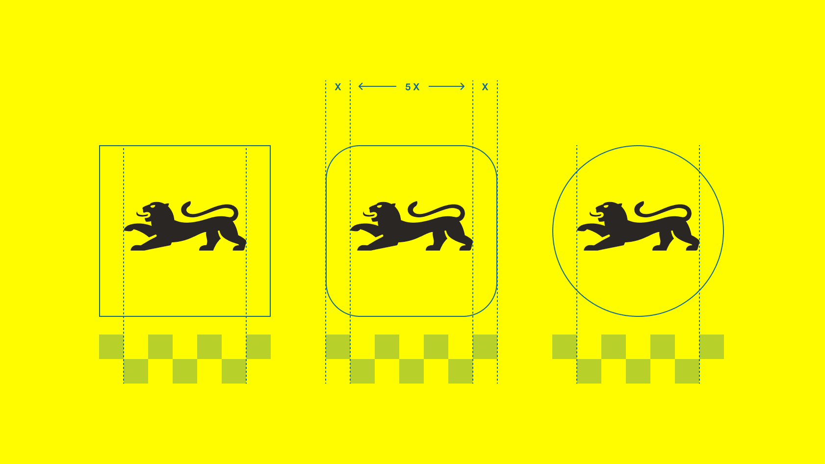 Drei Darstellungen: der Löwe mittig im Quadrat, der Löwe mittig im abgerundeten Quadrat sowie der Löwe mittig im Kreis.