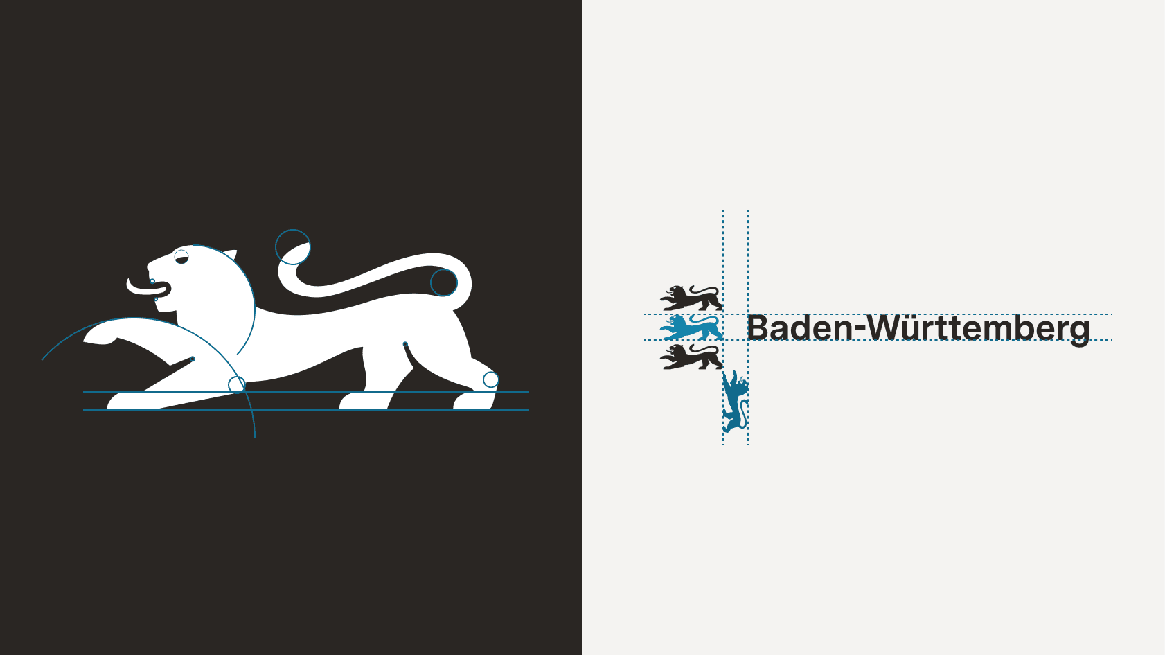 Konstruktionsdetails des einzelnen Löwen und des Standard Logos mit den drei Löwen und der Wortmarke.