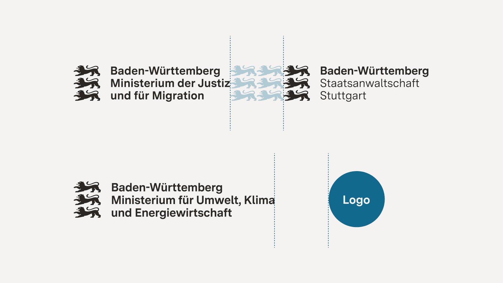 Der Abstand zwischen zwei nebeneinander platzierten Logos beträgt zweimal die Breite des Standard Logos ohne Wortmarke, also der drei Löwen.